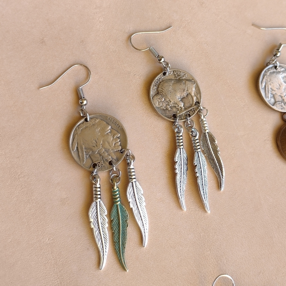 Vintage Handmade Real Buffalo Nickel Feather Dangle Silver Drop Hook Earrings - Picture 3 of 7